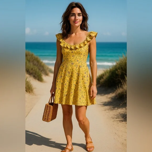 Old Navy Yellow Floral Ruffle Neckline Midi Dress Size Medium NWOT - Picture 2 of 3